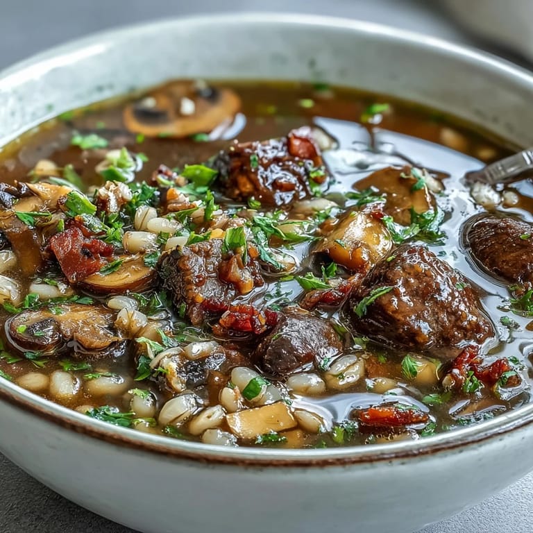A close-up view of rich beef and barley soup with savory pancetta and fresh parsley garnish.  