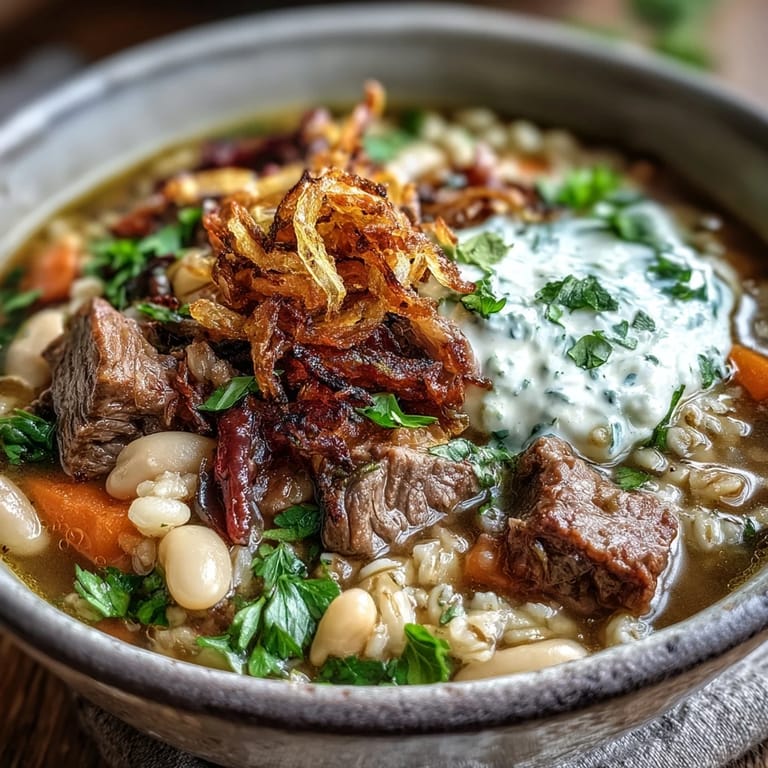 Hearty Beef Barley Soup with tender beef, barley, beans, and lentils in a fragrant Persian-inspired broth topped with fresh herbs.  