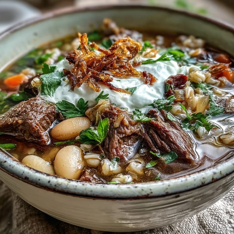 Colorful Beef Barley Soup in a rustic bowl, finished with golden mint-fried onions and a dollop of tangy sour cream.