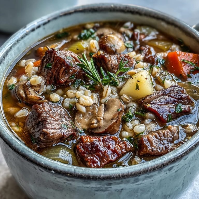 Close-up of a spoon lifting Beef and Barley Soup, revealing chunks of potatoes, celery, and mushrooms in a savory vegetable broth.