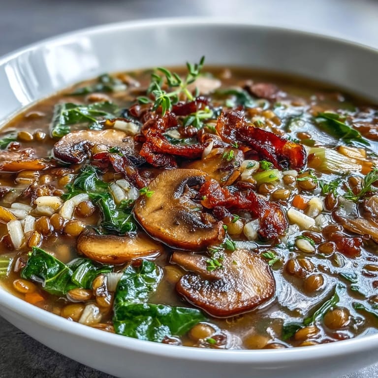 Close-up of nourishing Double Lentil and Mushroom Barley Soup beside crusty bread on a wooden table.