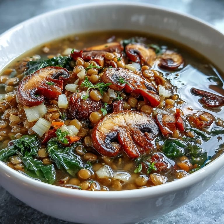 Vibrant Double Lentil and Mushroom Barley Soup simmered with smoked paprika and fresh parsley garnish.