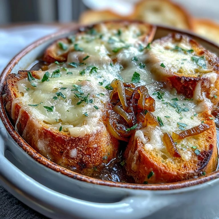 Steaming bowl of French Onion Soup topped with melted Gruyère and crispy bread, perfect for cozy dinners.