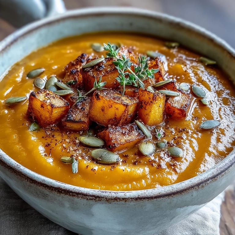 Warm, golden Butternut Squash Soup served with crusty artisan bread for dipping.
