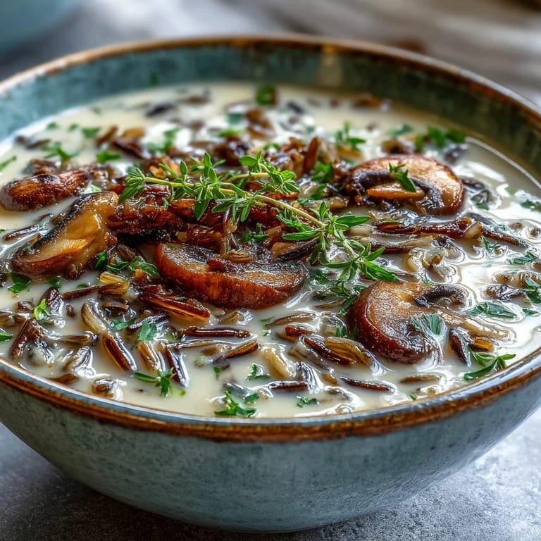 A warm bowl of Wild Rice Mushroom Soup served alongside crusty artisan bread for dipping.