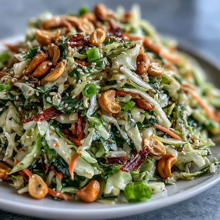 Crunchy Asian Cabbage Salad topped with toasted sesame seeds and chopped cashews, ready to serve alongside grilled chicken or tofu