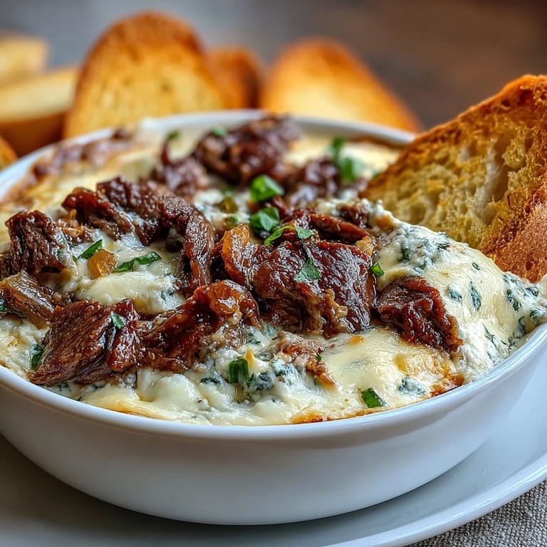 Creamy Philly Cheesesteak Dip bubbling from the oven, featuring shaved ribeye, peppers, and onions in a hearty appetizer.
