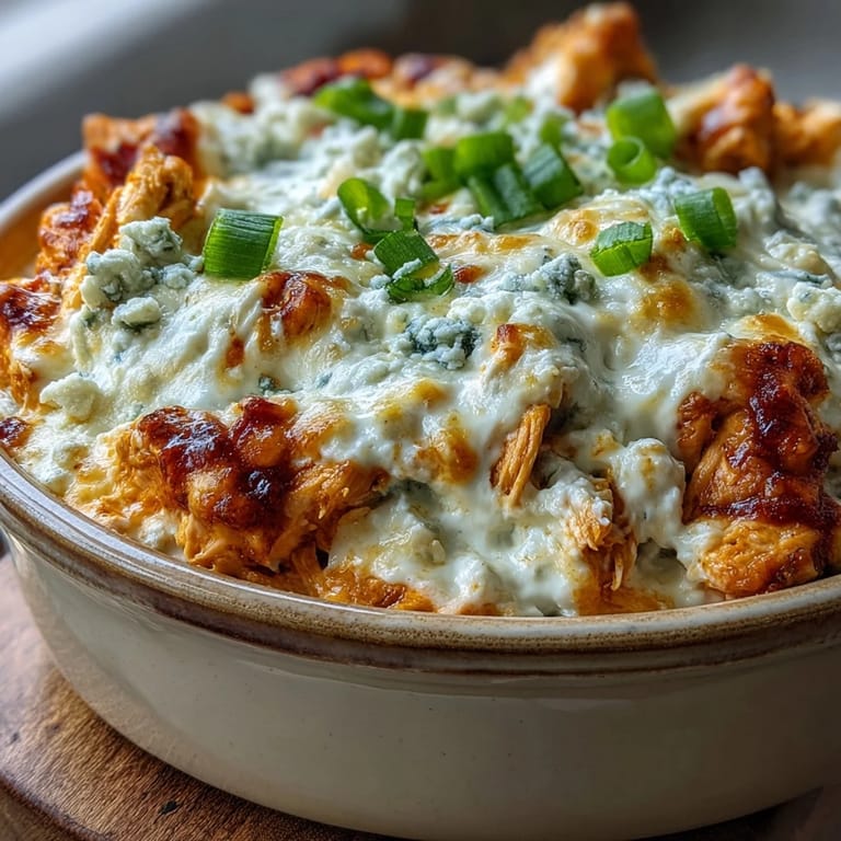 A spoon lifts a creamy scoop of hot Buffalo Chicken Dip, revealing tender shredded chicken and spicy orange buffalo sauce beneath.