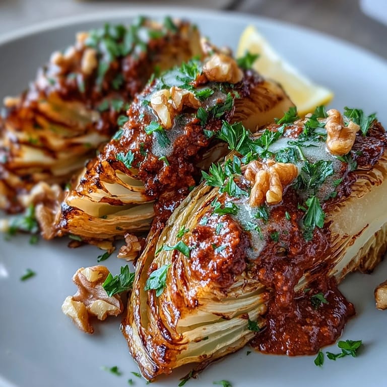 Tender wedges of Baked Cabbage Salad With Winter Romesco topped with rich, textured romesco and chopped walnuts, ready to be enjoyed as a cozy vegetarian main dish.
