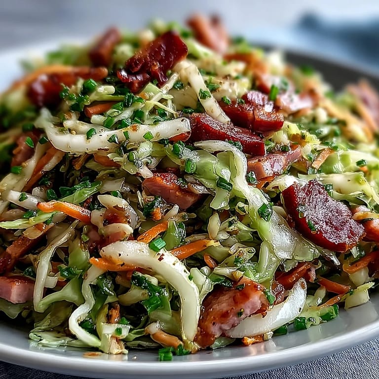Freshly tossed German cabbage coleslaw with shredded ham, red cabbage, and caraway seeds for a smoky flavor.