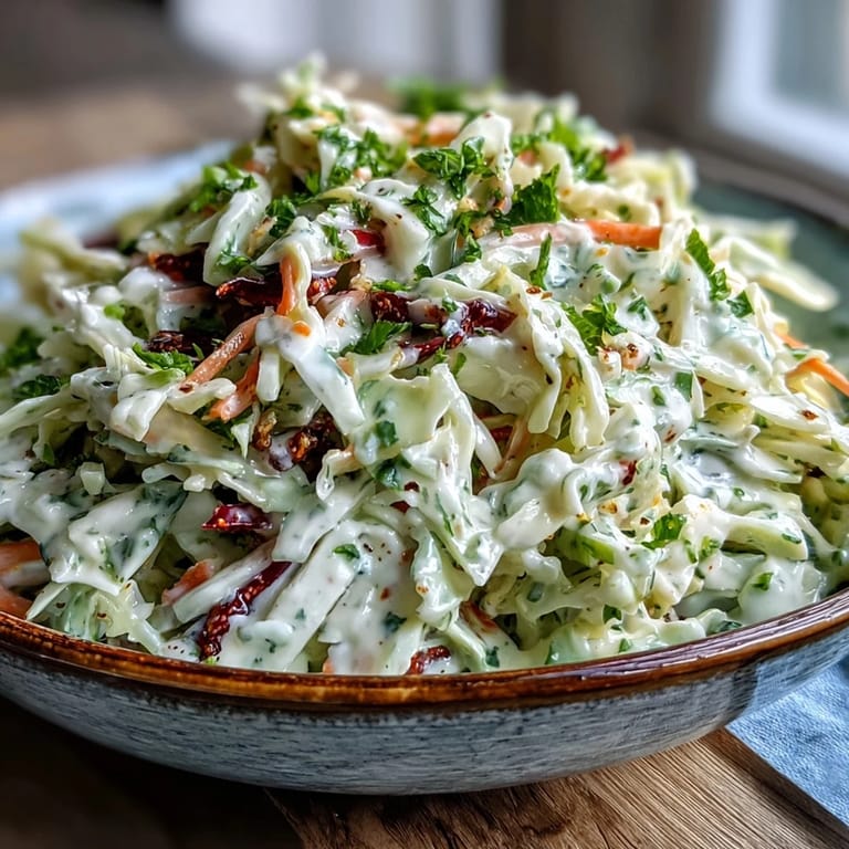 Freshly prepared coleslaw with creamy dressing, featuring crunchy cabbage and carrots, ideal for a refreshing picnic side dish.