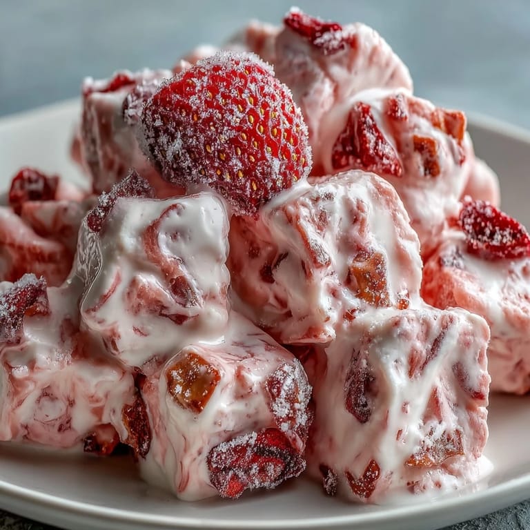 Close-up view of Strawberry & Banana Yogurt Clusters highlighting marbled yogurt textures and generous chunks of fruit toppings.