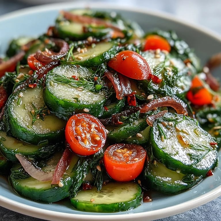 A chilled bowl of Refreshing Crunchy Cucumber Salad featuring crisp cucumbers, fresh dill, and cherry tomatoes ready to serve.