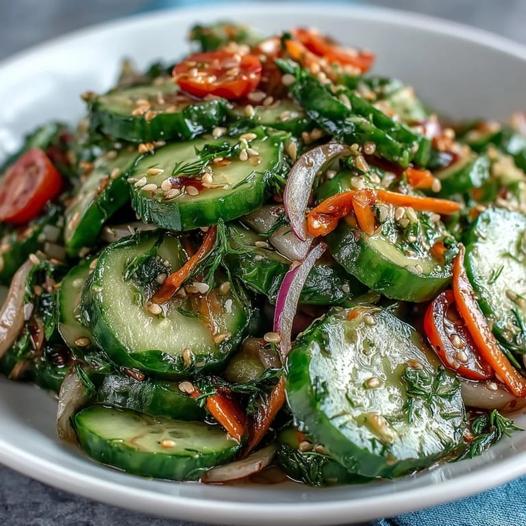 Vivid close-up of the Refreshing Crunchy Cucumber Salad with julienned carrots and red onion slices glistening in a light vinaigrette.