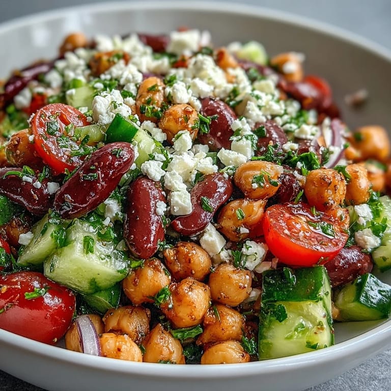 Savory Greek Bean Salad with Lemon Marinated Beans is tossed with crisp cucumber, juicy tomatoes, and Kalamata olives, ready to enjoy at a picnic.