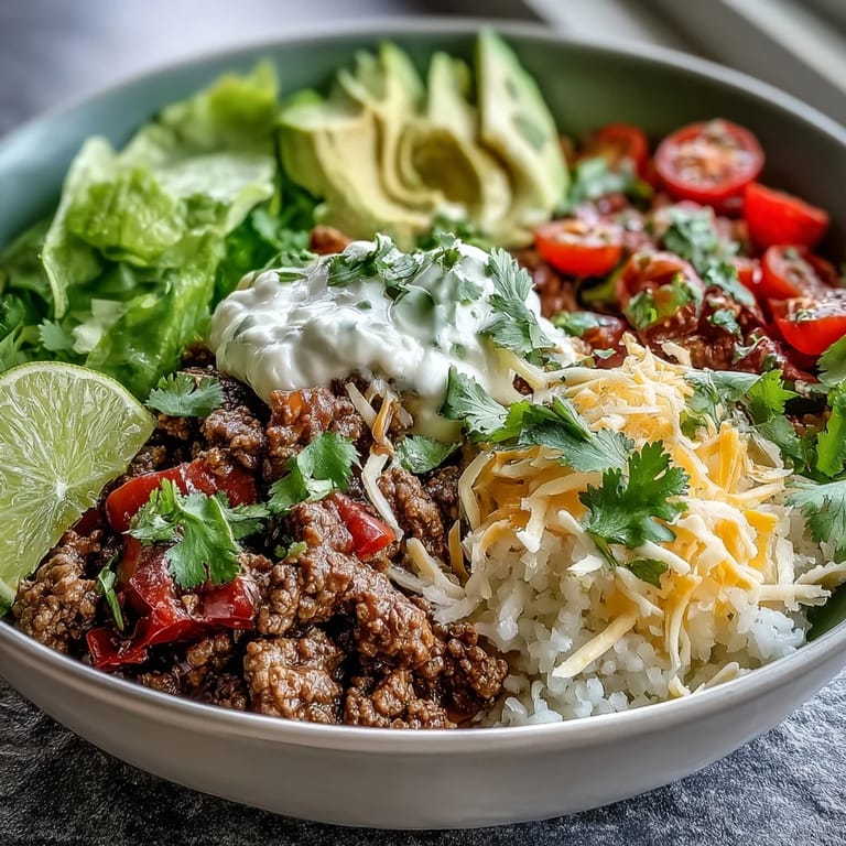Colorful Low Carb Burrito Bowl with seasoned beef, cauliflower rice, avocado, and cheese.
