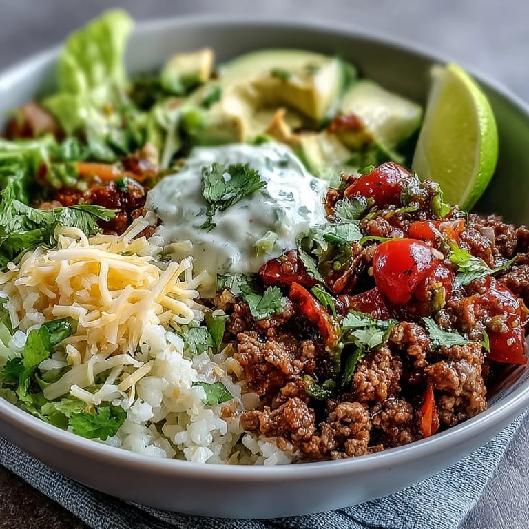 Low Carb Burrito Bowl topped with creamy avocado, sour cream, and lime wedges for a fresh finish.