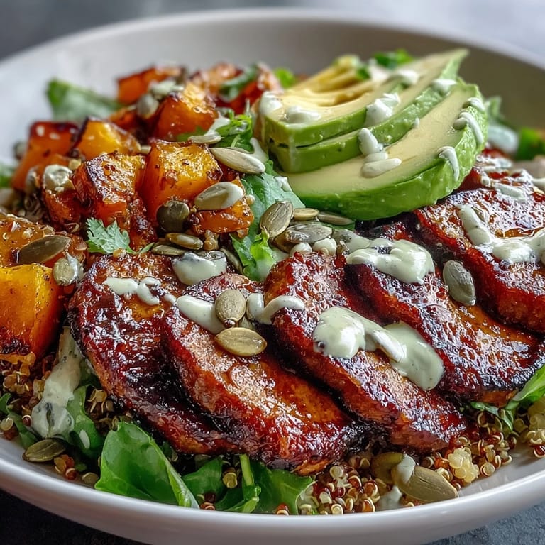 Sliced marinated steak rests on vibrant greens beside roasted squash in a wholesome grain bowl.