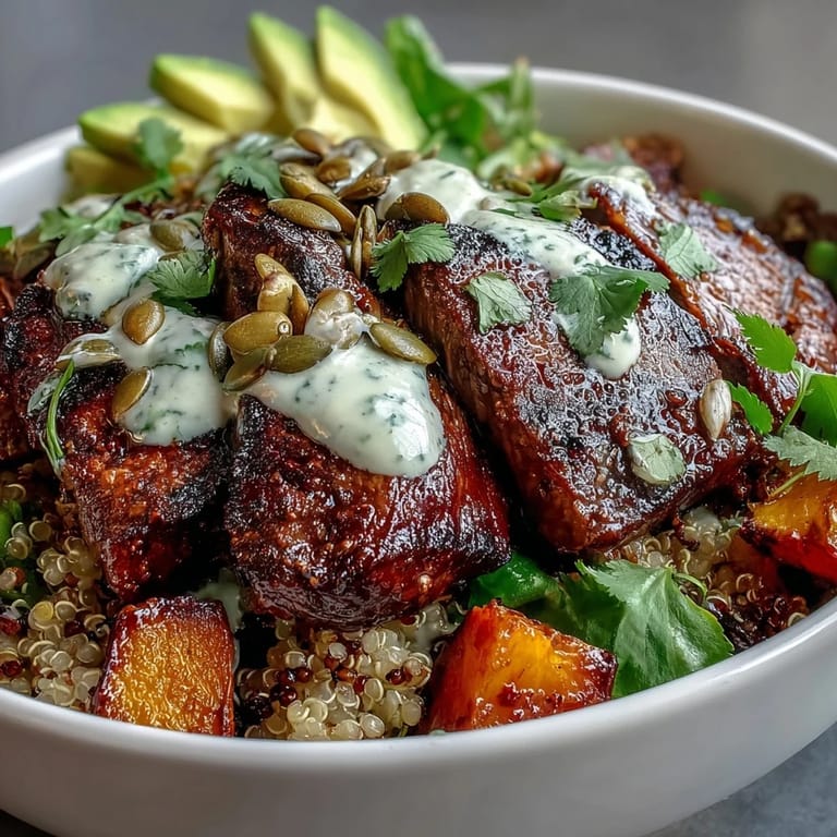 Fresh lime cilantro dressing drizzles over a colorful fusion dinner bowl featuring tender steak and squash.