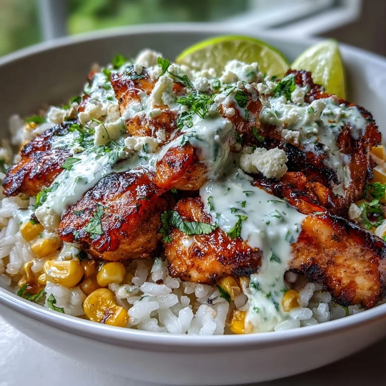 Fork holding a bite of Street Corn Chicken and Rice Bowls with charred corn, cilantro, and creamy cotija.