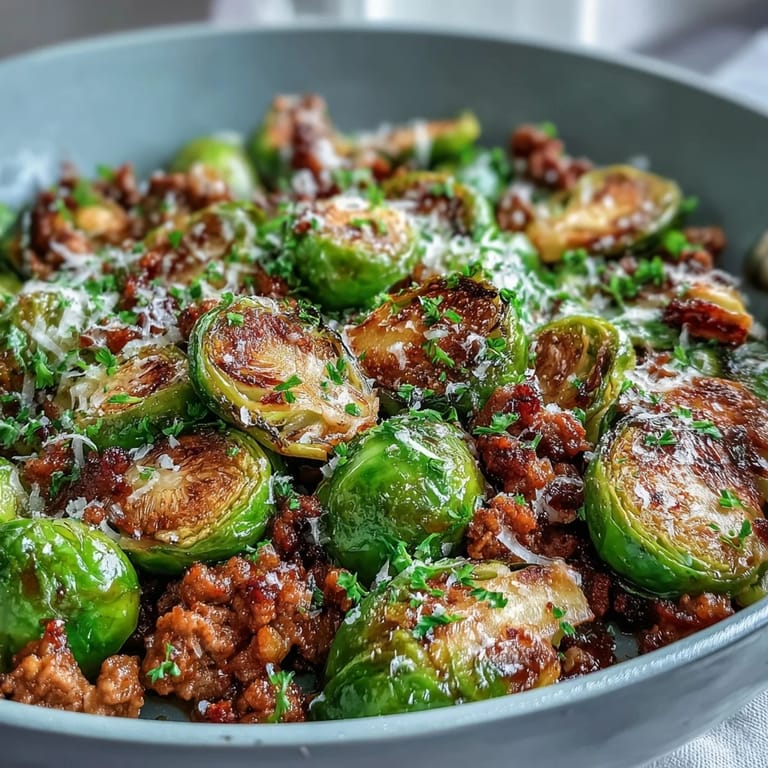 Sautéed Brussels sprouts with garlic and paprika mingle with juicy ground turkey, garnished with fresh parsley.