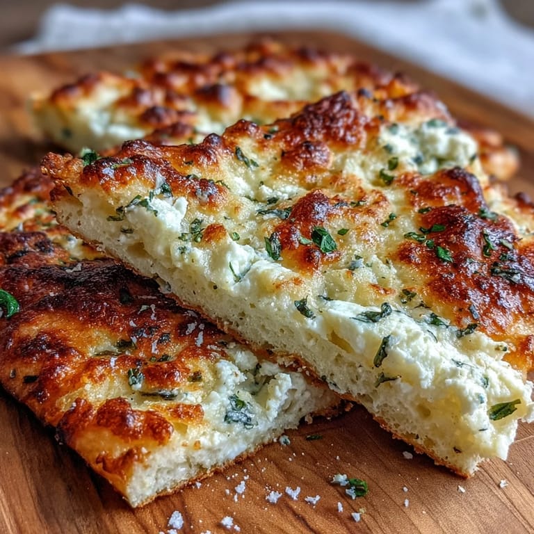 A skillet with bubbly Fluffy Cottage Cheese Flatbread showcases a soft interior and herbs, perfect for a quick vegetarian lunch.