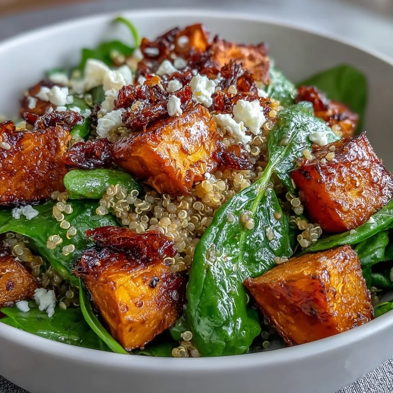 Close-up of a vibrant Warm Salad Bowl with wilted kale, fluffy quinoa, and sweet potatoes, ready to be enjoyed.