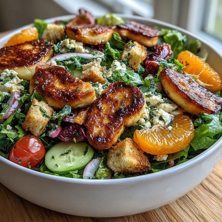 A close-up of Halloumi Blood Orange Fattoush highlights golden-brown cheese cubes and ruby-red orange segments tossed with fresh mint and parsley on a platter.