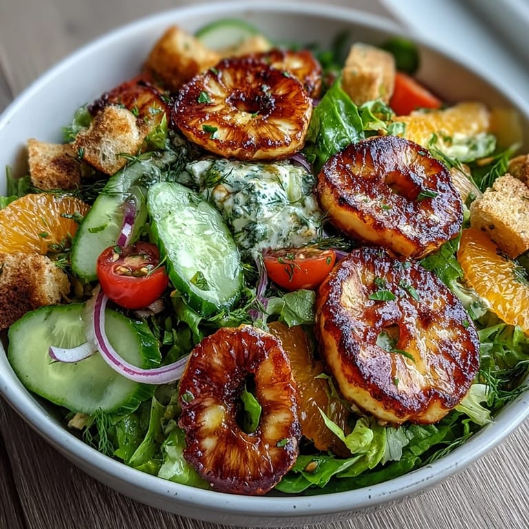 Warm slices of vegetarian Halloumi Blood Orange Fattoush are arranged with juicy citrus, diced cucumber, and cherry tomatoes, showcasing the colorful Middle Eastern salad's textures.