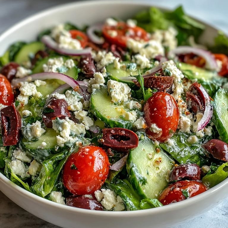 Freshly prepared Mediterranean Green Salad Bowl with olives and red onion, served as a light vegetarian side or meal.