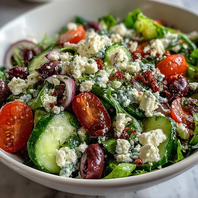 Bright Mediterranean Green Salad Bowl topped with crumbled feta, ready to pair with grilled chicken or warm pita bread.
