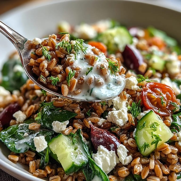 Close-up of a Mediterranean Farro Bowl drizzled with tahini dressing and garnished with diced cucumbers and tomatoes.