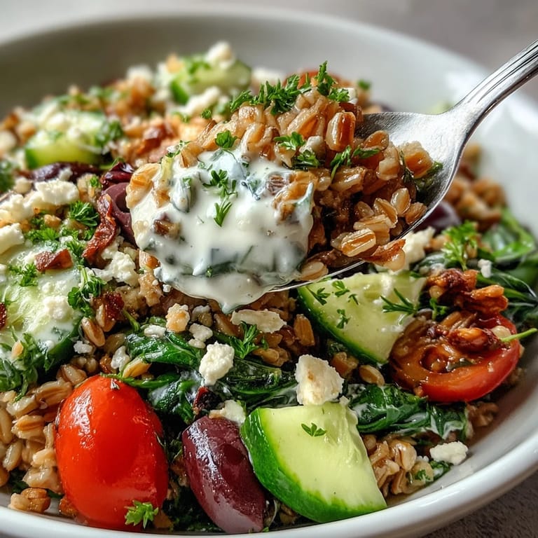 Colorful Mediterranean Farro Bowl with chickpeas, spinach, and Kalamata olives served in a white bowl.