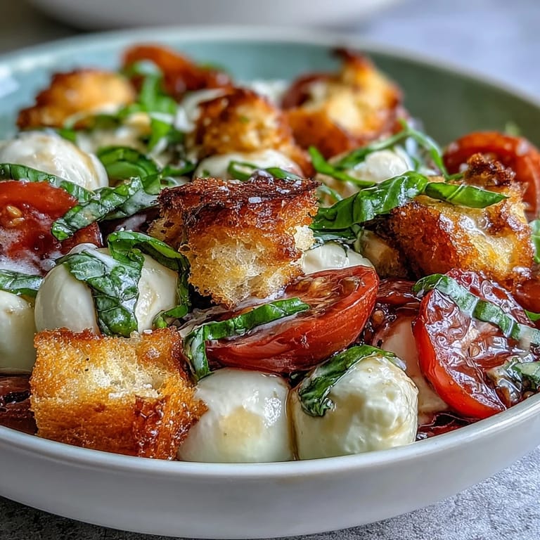 Serving Caprese Salad Bowl with balsamic glaze drizzle over mozzarella and tomatoes, plus crunchy bread cubes on top.