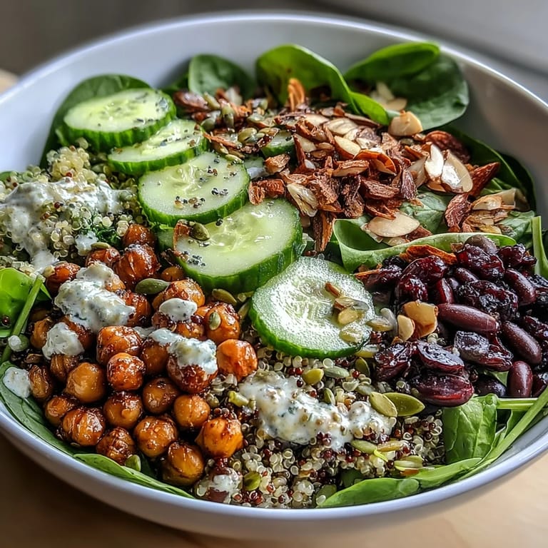 Healthy Rainbow Salad Bowl with fresh veggies, beans, and a zesty dressing on the side.