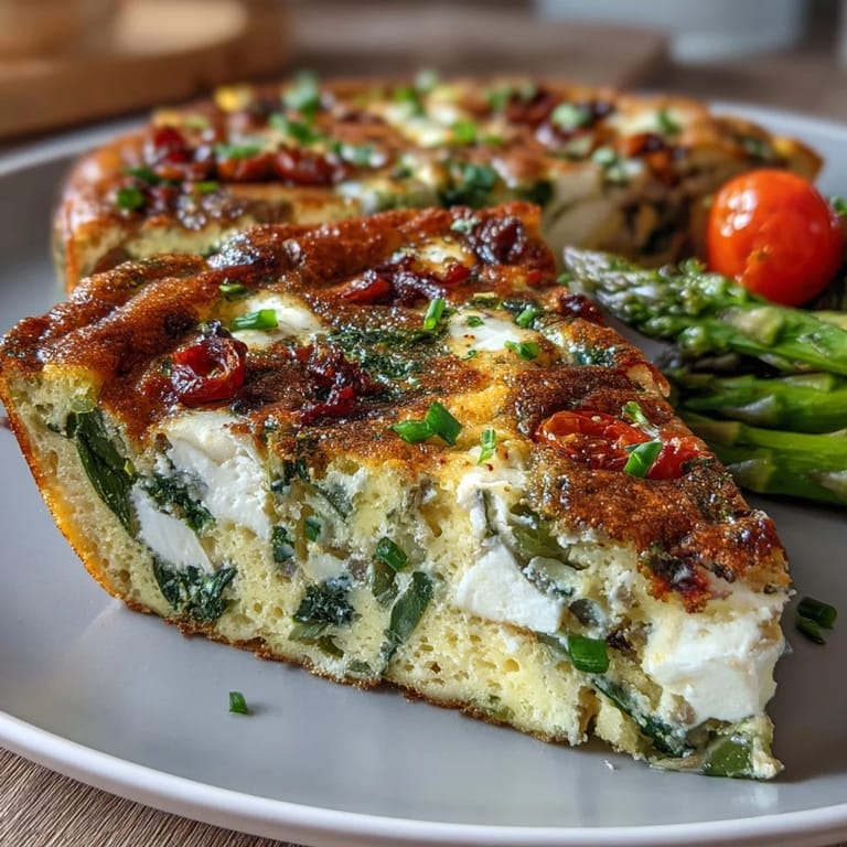 Spring Veggie Frittata with Asparagus and Goat Cheese: A colorful brunch centerpiece featuring a light, herb-flecked frittata packed with seasonal vegetables and tangy goat cheese crumbles.