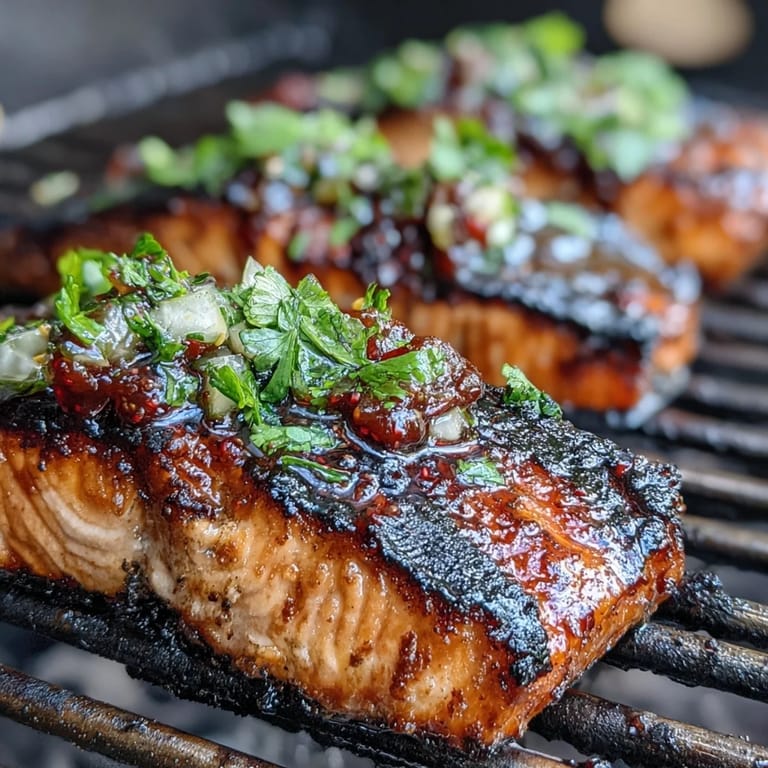 Juicy grilled salmon fillets crowned with vibrant strawberry salsa, red onion, and jalapeño for a sweet and spicy flavor combination.  