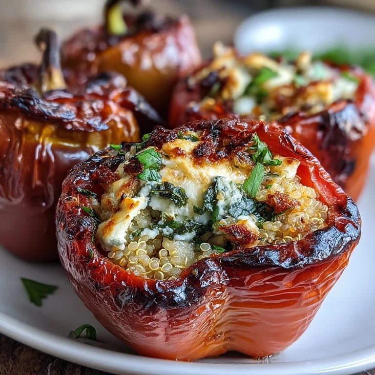 Vibrant stuffed bell peppers filled with herbed quinoa, zucchini, and feta, baked to golden perfection for a Mediterranean-inspired dinner.