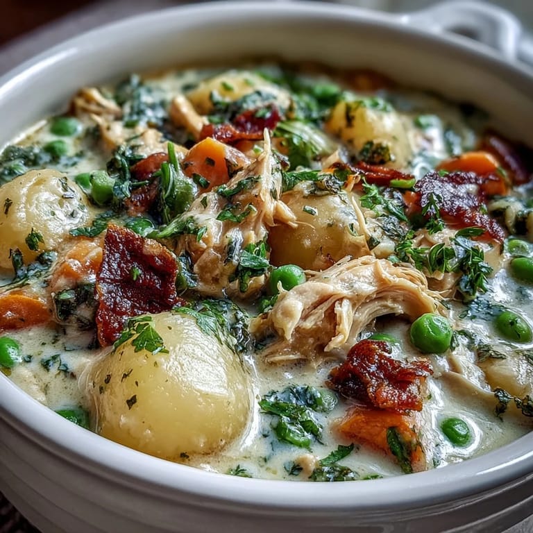 Warm bowl of slow cooker chicken pot pie soup, brimming with comforting flavors and served alongside golden puff pastry squares.