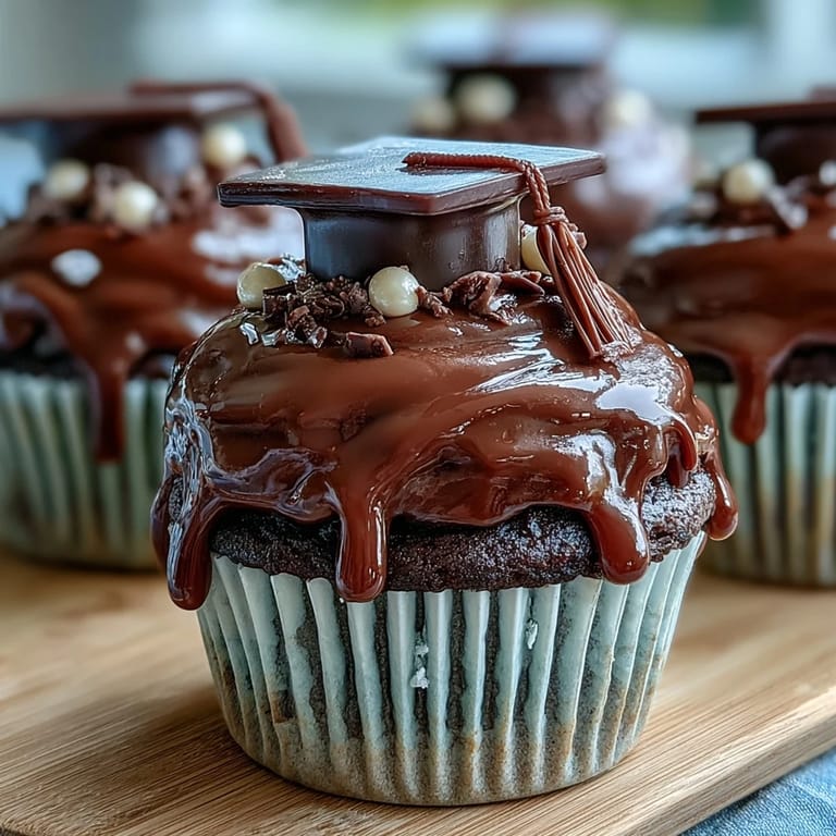 Festive vanilla cupcakes decorated with rich buttercream swirls and adorable graduation cap toppers, perfect for honoring graduates at any party.