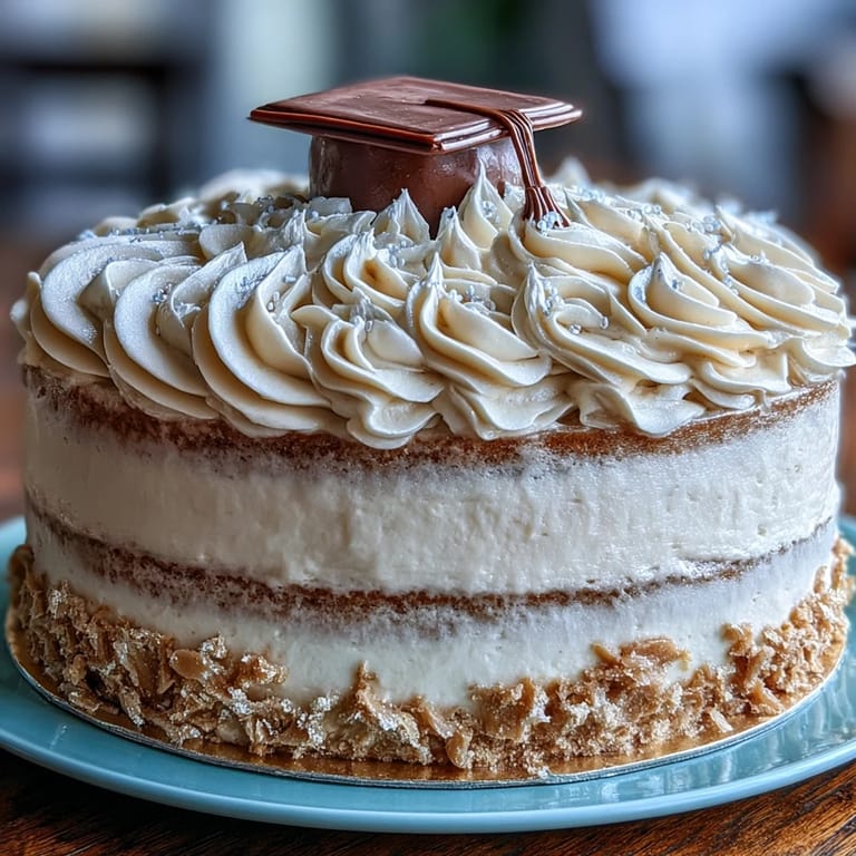 Festive vanilla graduation cake decorated with edible gold foil and a diploma-shaped topper, perfect for celebrating achievements.