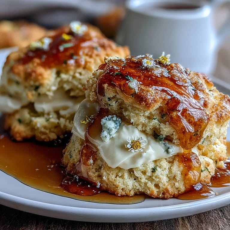 Warm scones drizzled with dandelion honey and topped with clotted cream, perfect for a springtime brunch or afternoon tea.