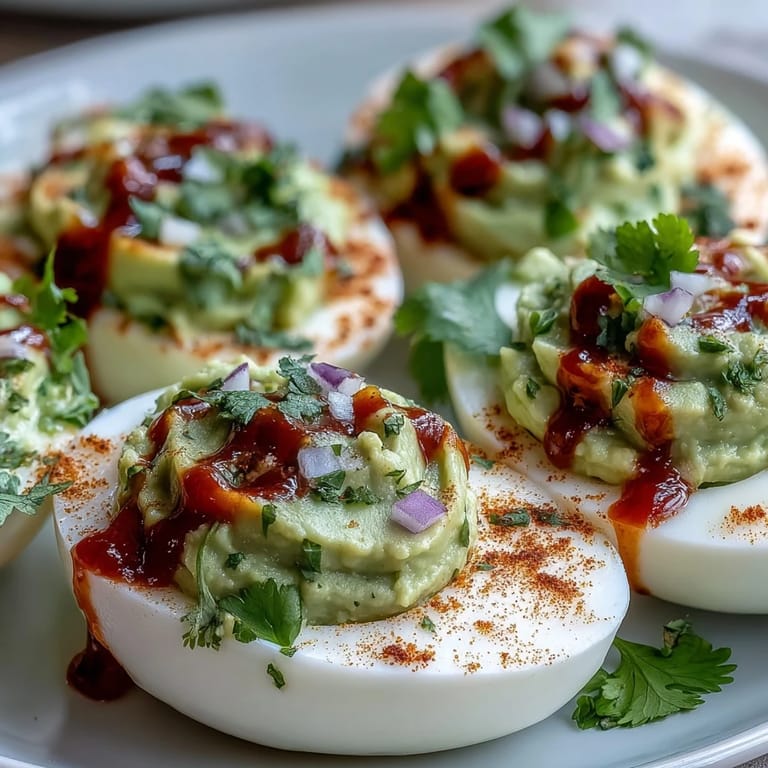 Vibrant deviled eggs with avocado and lime, garnished with Sriracha for a spicy twist on a classic appetizer.