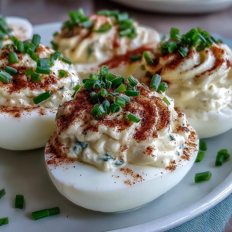 Classic deviled eggs with paprika and chives, a tangy, smooth appetizer garnished with bright green chives and vibrant red paprika.