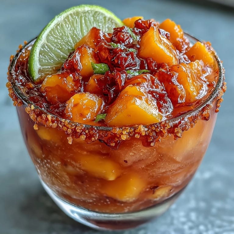 Festive, frozen Cinco de Mayo Mangonada, garnished with fresh mango and lime.