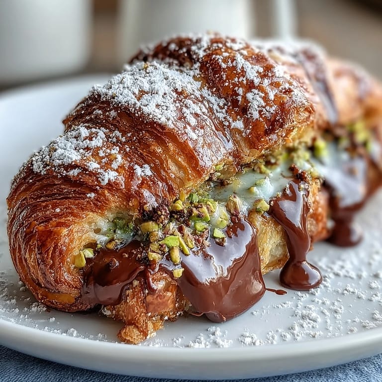 Rich, flaky croissants transform into Dubai Chocolate Pistachio French Toast piled high with nuts.