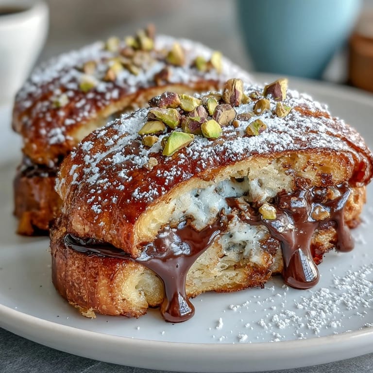 Luxurious Dubai Chocolate Pistachio Croissant French Toast, warm and dusted with powdered sugar.
