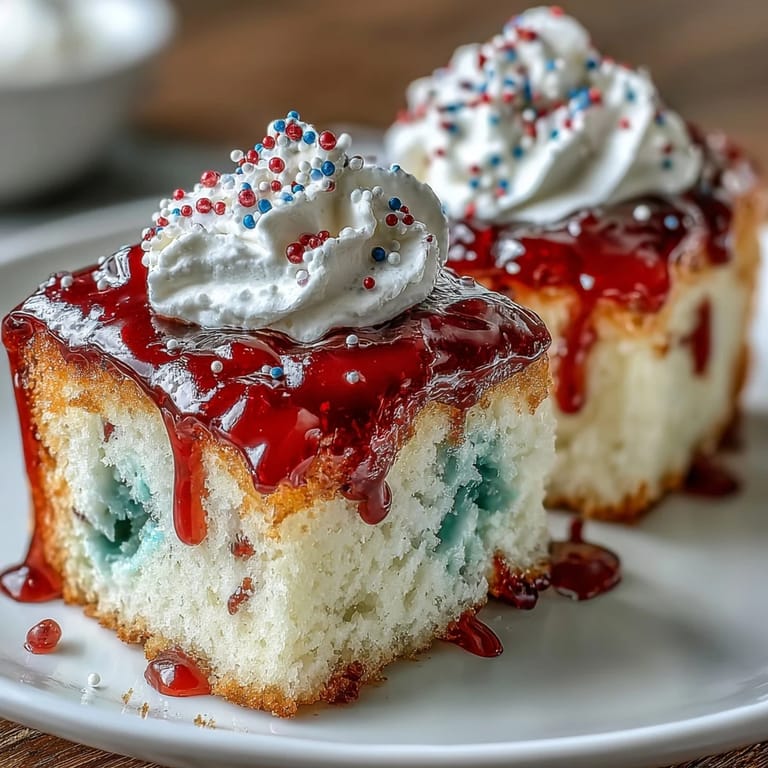 Festive poke cake adorned with whipped topping and patriotic sprinkles.