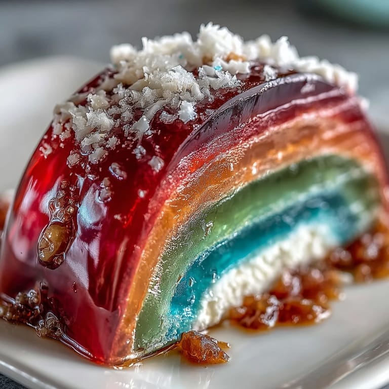 Vibrant, layered Rainbow Jelly Cake topped with creamy coconut, a visually stunning dessert.
