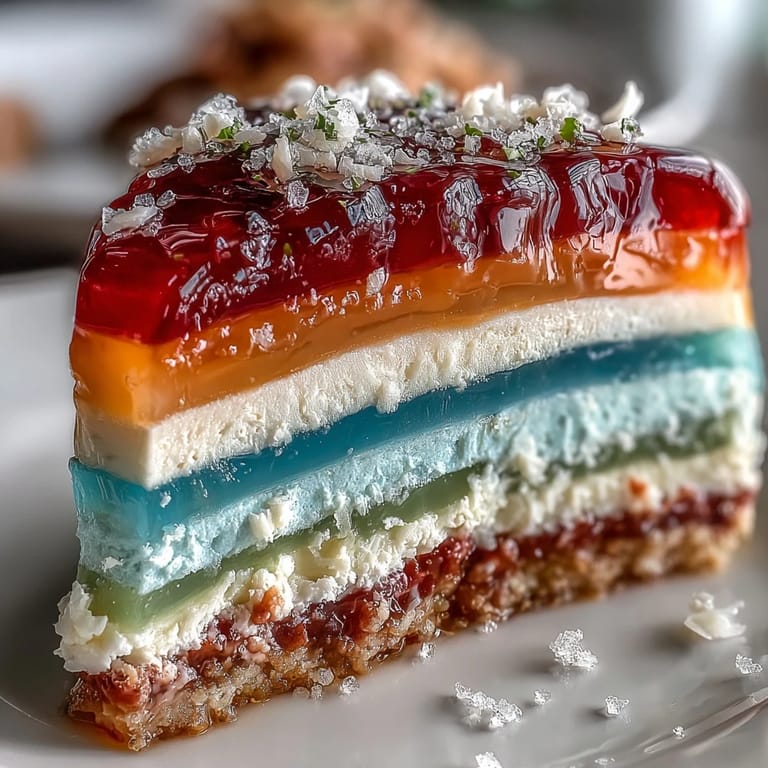 Silky Rainbow Jelly Cake with Agar-Agar, highlighted by a creamy, white coconut topping.